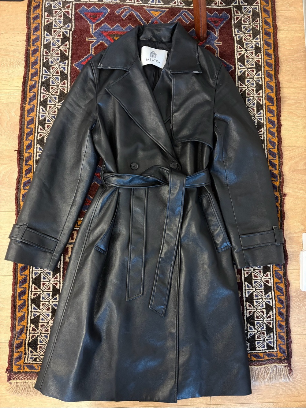 Babaton Black Faux Leather Belted Trench Coat